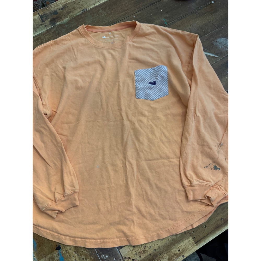 Southern Marsh Long Sleeve Pocket Tee Peach Orange Seersucker Logo Size Medium